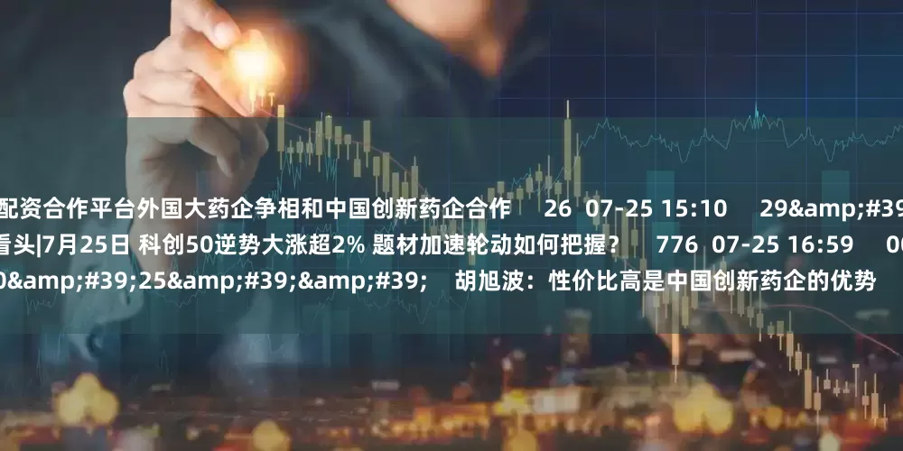 配资合作平台外国大药企争相和中国创新药企合作     26  07-25 15:10     29&#39;57&#39;&#39;    投资有看头|7月25日 科创50逆势大涨超2% 题材加速轮动如何把握？    776  07-25 16:59     00&#39;25&#39;&#39;    胡旭波：性价比高是中国创新药企的优势    1